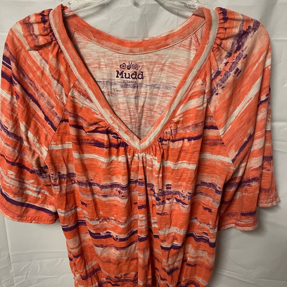 Mudd Women's Vibrant Orange and Purple Blouse with gathered waist